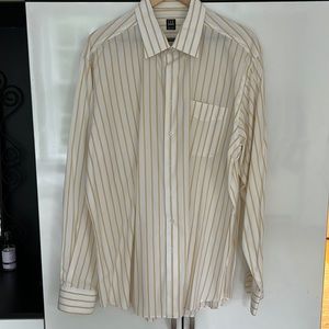 Men’s button down shirt, white with yellow/gold stripes, neck size 18 inches